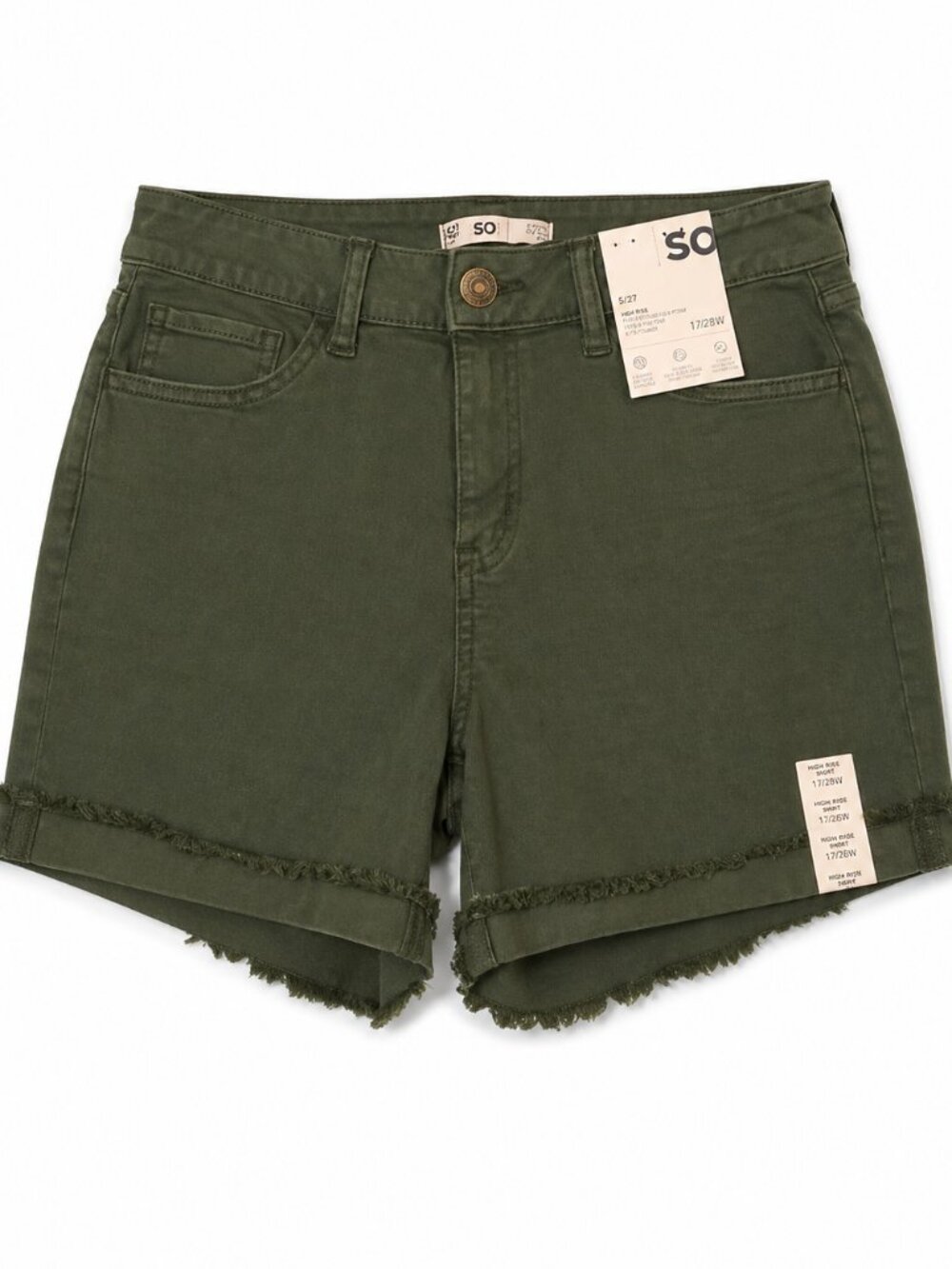 NWT Size 7 green shorts. "High Rise Midi" frayed hem, pockets, olive shorts boho